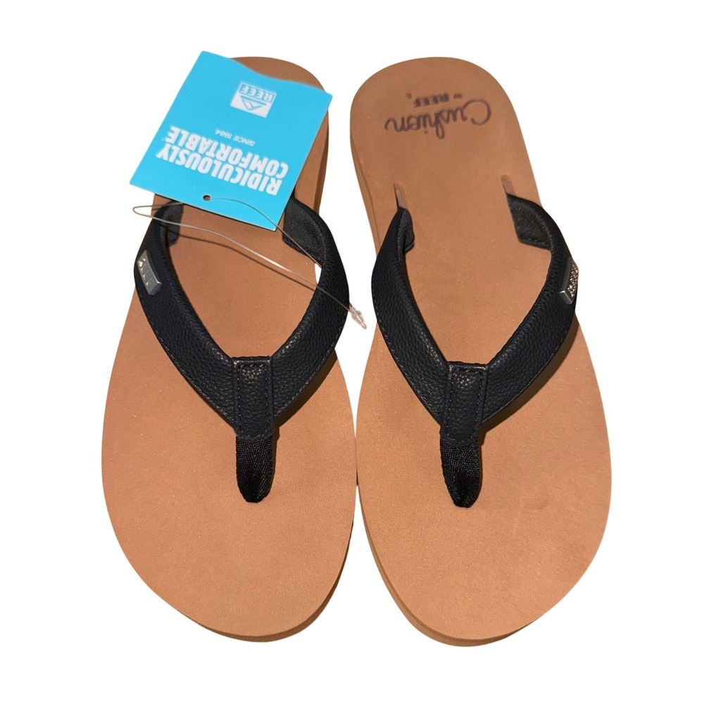 NEW Reef Baja Sands Womens 6 Flip Flops Black Tan Cushioned Thong Sandals CJ9084